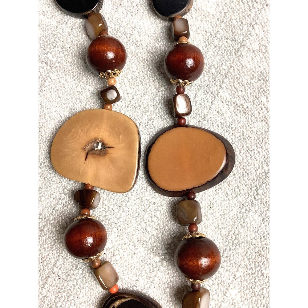 Vintage Necklace Wood Slices Natural Shells Beaded 32" Opera Length